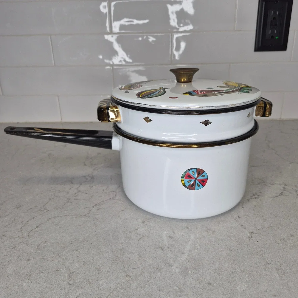 Vintage Georges Briard Enamel Pot MCM Green Garden‎ Pattern Corn
